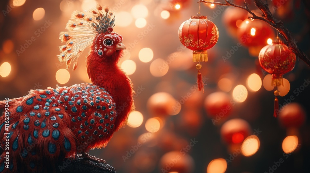 Poster a bright red bird perched on a tree branch, its feathers glistening in the light
