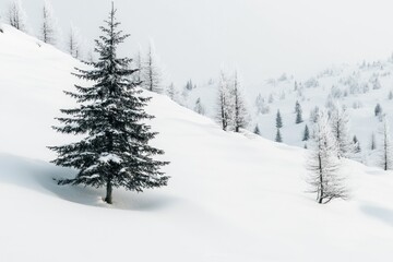 Fototapeta premium A single tree stands isolated in a snowy landscape