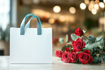Blank paper bag mockup on a table decorated with flowers