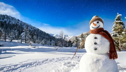 Snowman in a snowy background with sunlight