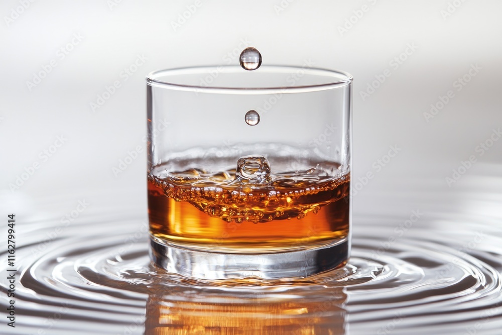 Poster a glass containing a liquid with a single water droplet on its surface