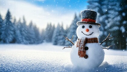 Snowman in a snowy background with sunlight