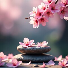 Soft pink petals surround a delicate stone pedestal, nature, cherry blossom
