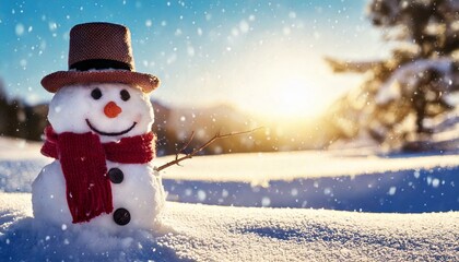 Snowman in a snowy background with sunlight