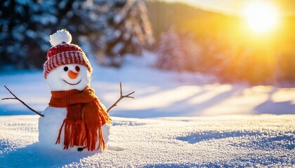 Snowman in a snowy background with sunlight