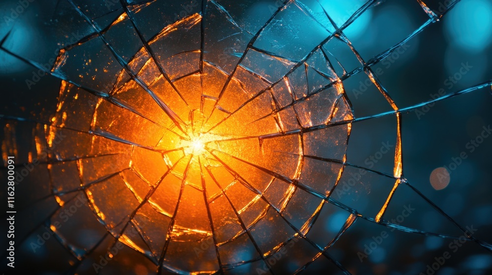 Poster a close-up shot of a broken glass with a light shining through the center, perfect for use as a meta
