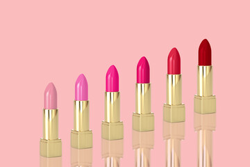 set Luxurious golden lipsticks scattered on light background, elegance and beauty in cosmetics,...