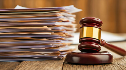 Legal documents stacked with wooden gavel, courtroom files beneath justice hammer, attorney papers with judicial mallet, law reports piled near verdict tool