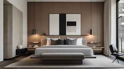 Fototapeta premium A minimalist hotel room with a monochromatic color scheme, a sleek platform bed, and modern art pieces to add a touch of sophistication.