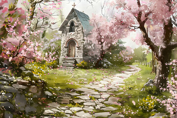 Obraz premium Serene countryside chapel with vibrant pink blossoms, perfect for peaceful and tranquil scenes.
