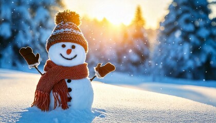 Snowman in a snowy background with sunlight