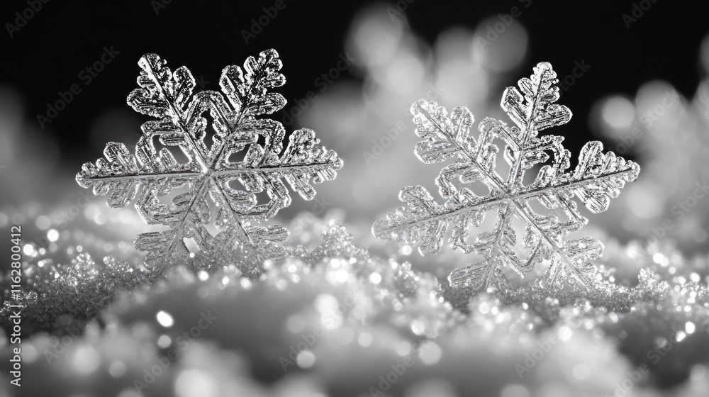 Poster a pair of snowflakes rests on top of a snowy mound, providing a delicate touch to the winter scene