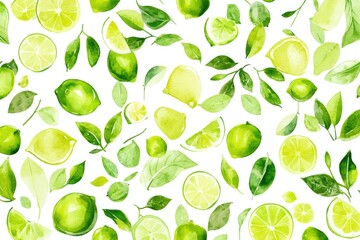 Close-up shot of a pattern made from limes and leaves on a white background