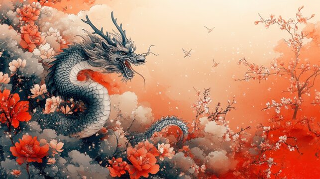 A traditional Japanese background with a bold red base, stylized dragon motifs, and intricate floral patterns leaving the middle space clear 