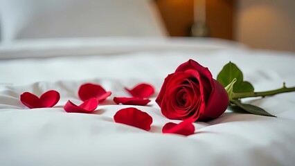 A red rose and petals lying on white sheets in a hotel room 