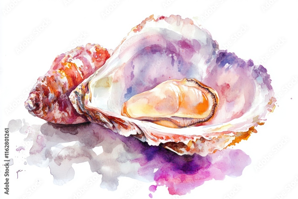 Poster watercolor illustration of an oyster shell with swirling patterns and textures