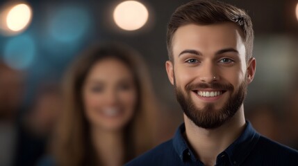 Smiling Man Close-Up Photo: Confidently Posing at Evening Gathering. AI Generated