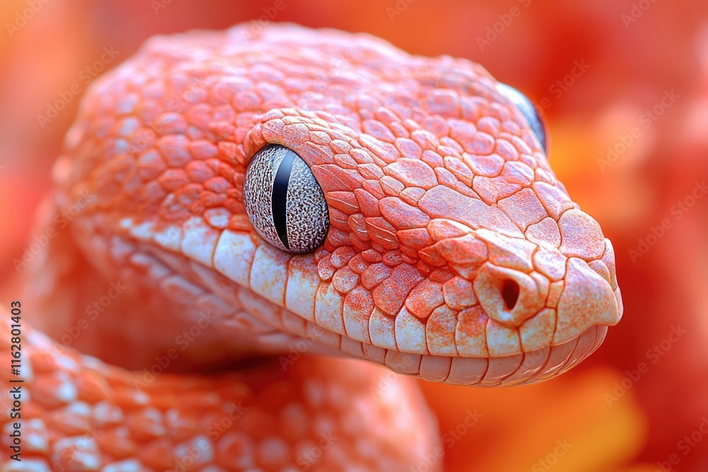 Poster a close-up view of a red snake's head with its eyes and scales visible