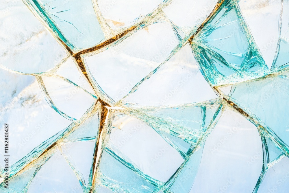Poster a close-up shot of a broken glass window with cracks and debris