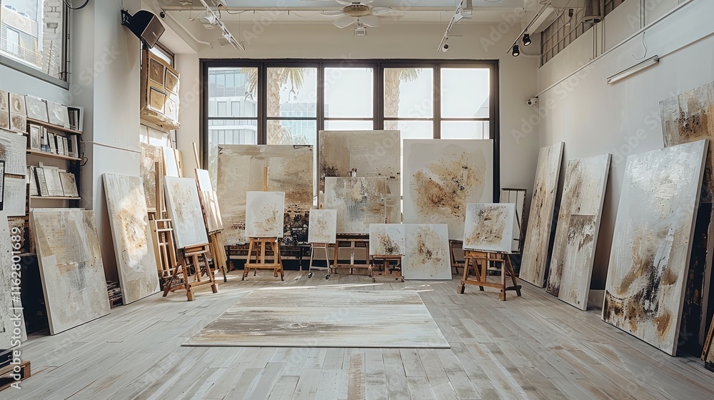 Poster art gallery studio filled with paintings in white and light yellow color tonality.