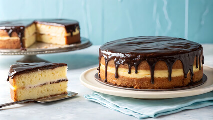 Delicious boston cream pie on a soft blue background for dessert inspiration.