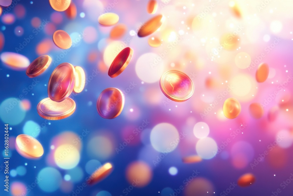 Aufkleber dynamic digital painting of spinning coins in the air with bright lighting and abstract bokeh backgr