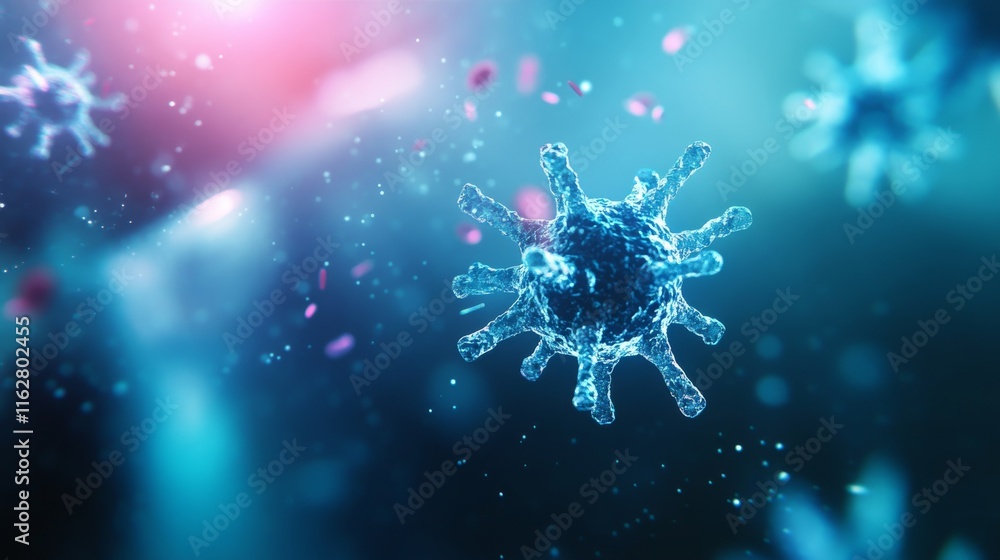 Poster a stunning visual representation of a virus, showcasing its intricate structure in a vibrant and col