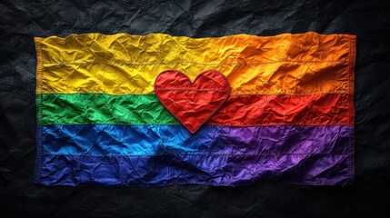 A Pride month background featuring a bold rainbow flag with a heart symbol in the center and a clean open space for text 