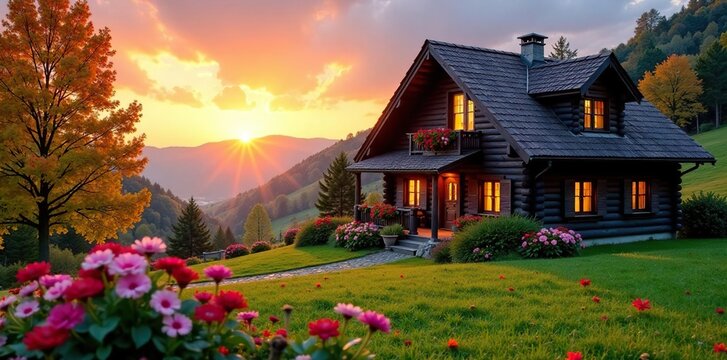 Wooden house with a sloping roof and colorful flowers in the foreground at sunset, ornamental trees, autumnal colors, baumhaus