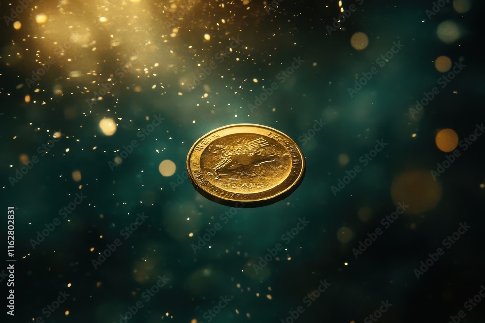 Aufkleber spinning coin in the air captured with dynamic digital painting techniques featuring bright lighting