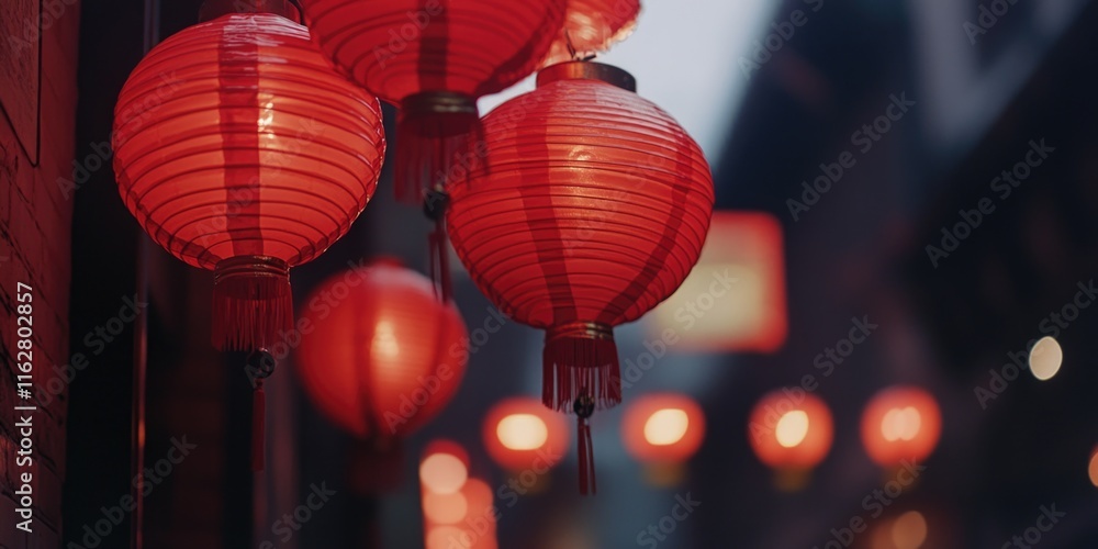 Aufkleber a bunch of red lanterns hang from the side of a building, adding a pop of color to the facade