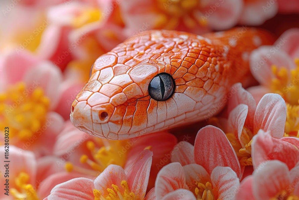 Poster a close-up view of a snake's head surrounded by colorful flowers, ideal for use in wildlife or natur