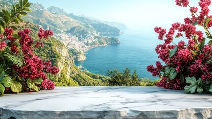 Marble table top overlooking a coastal landscape with vibrant pink flowers.