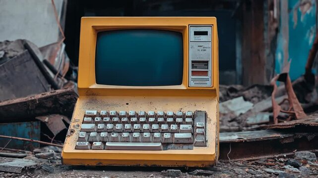 Old yellow computer sits amidst debris in an abandoned space illustrating technological decline and neglect
