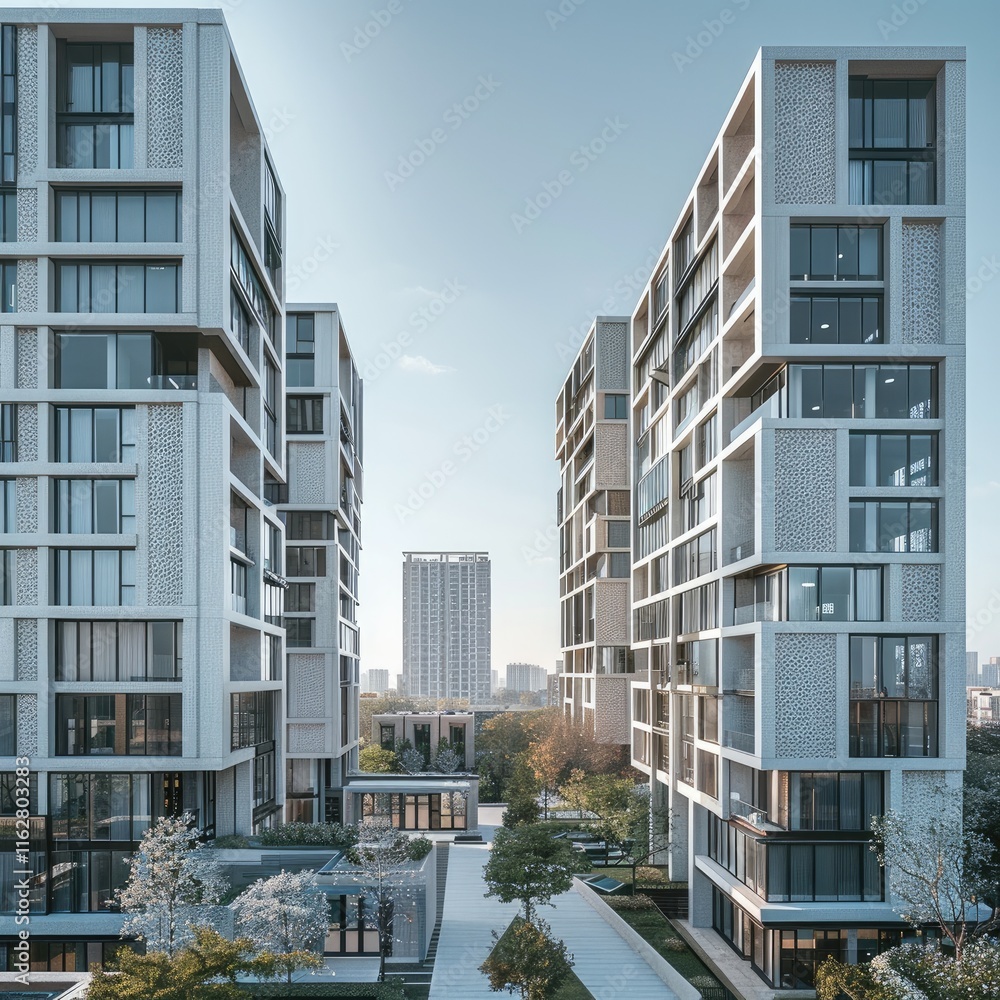 Leinwandbilder A modern residential complex consisting of three tall blocks, each with around 13 floors. The buildings feature a tiered design, create elegant displacements.