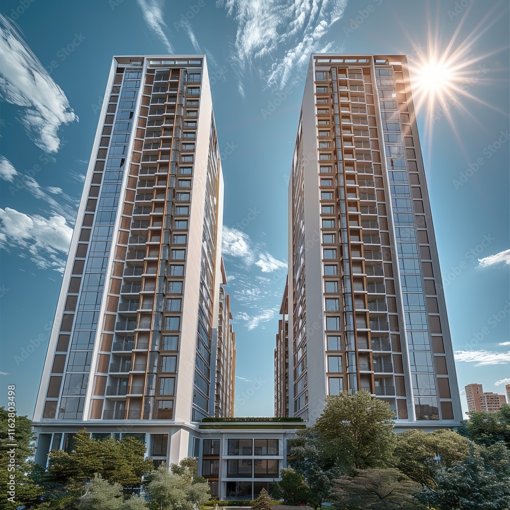 Fototapete a modern residential complex consisting of three tall blocks, each with around 13 floors. the buildi