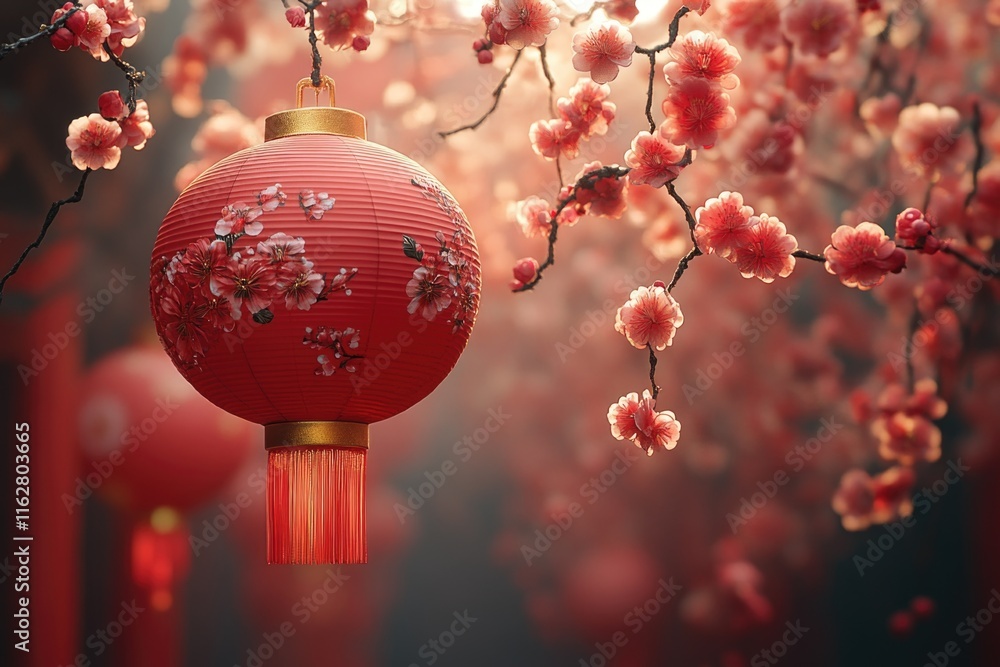 Poster a red lantern hangs from a tree branch surrounded by pink flowers