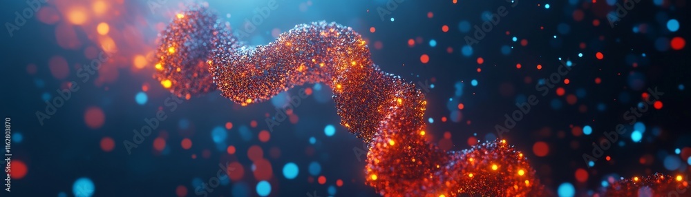 Poster a vibrant abstract representation of molecular structures with glowing particles, illustrating scien