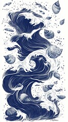 Fototapeta premium Ocean Waves Crashing with Seashells and Small Fish