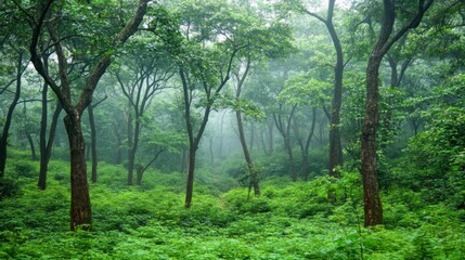 Obraz premium Misty Forest Scene with Overcast Skies and Low Light