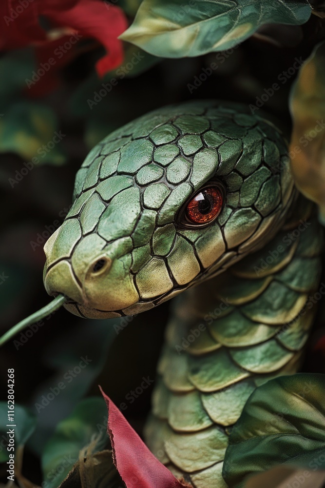Poster a close-up shot of a green snake with distinctive red eyes, suitable for use in wildlife or nature-t