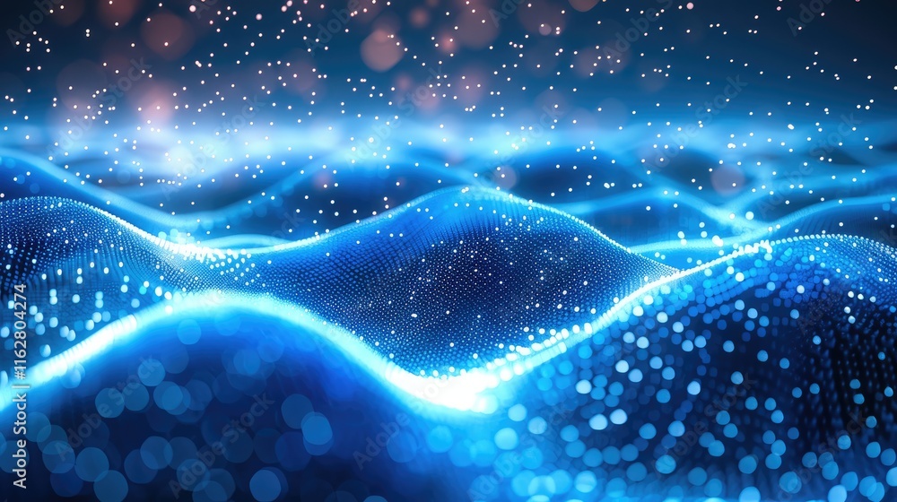 Poster Vector abstract futuristic digital landscape with particles dots and stars on horizon. computer geometric digital connection structure. Futuristic blue abstract grid. Intelligence artificial.