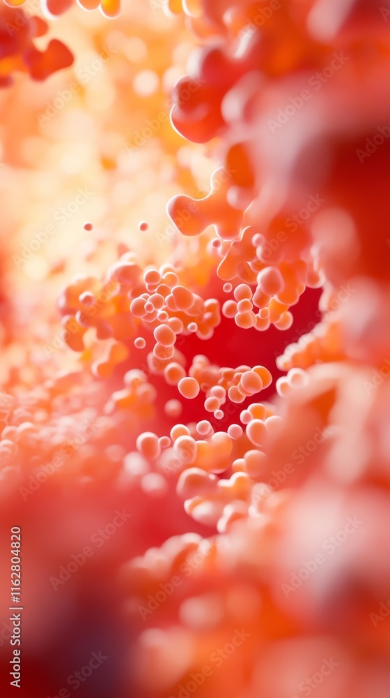 Aufkleber a vibrant close-up of microscopic spheres in red hues, illustrating molecular structures and dynamic