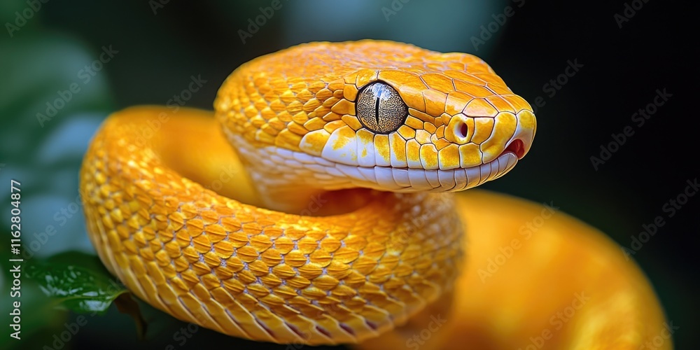 Poster a close-up view of a yellow snake resting on a branch, perfect for use in wildlife or nature-themed 