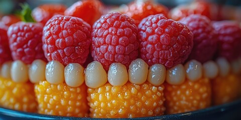 A close-up shot of a plate featuring fresh corn and raspberries