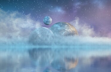 Ethereal Moonscape: Misty Planet Reflection in Calm Water