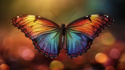 A dynamic Pride-themed backdrop featuring a bold rainbow butterfly in flight with an uncluttered middle section 