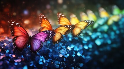 A dynamic Pride-themed backdrop featuring a bold rainbow butterfly in flight with an uncluttered middle section 