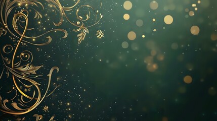 Elegant Christmas and New Year banner with golden swirls, ornate typography and a subtle glowing dark green background