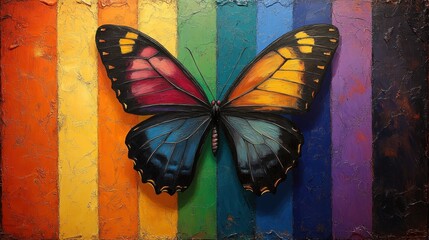 A dynamic Pride-themed backdrop featuring a bold rainbow butterfly in flight with an uncluttered middle section 
